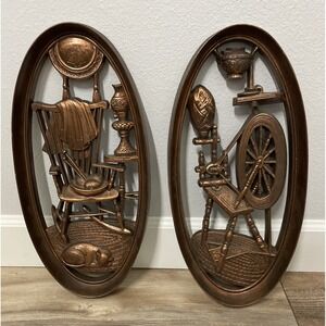 Vtg 1965 Burwood Wall Plaques 4364 & 4365 Oval‎ Spinning Wheel Rocking Chair Cat